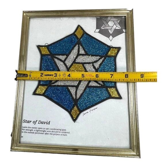 Star David Handmade Stained Glass Sun Catcher Glitter Turquoise Blue Gold Framed - Picture 6 of 6
